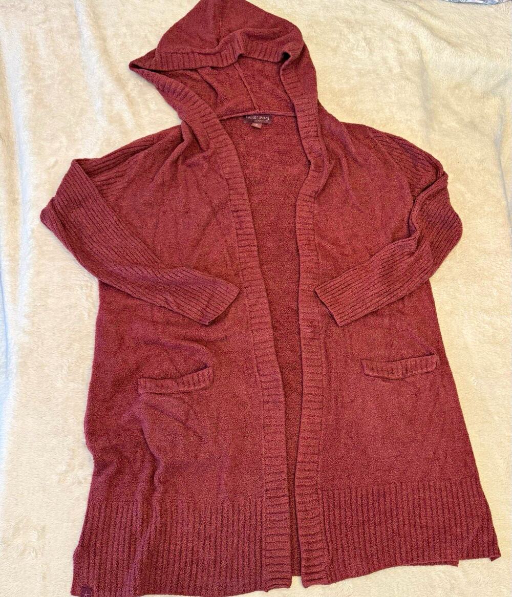 Barefoot Dreams CozyChic Lite Hooded Open Front Cardigan Sweater M Purple